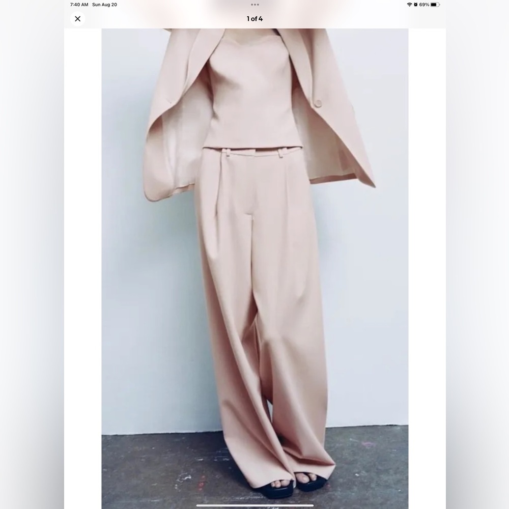 STUNNING ZARA BEIGE PINK VERY WIDE LEG DRAPE TROUSERS LARGE NEW